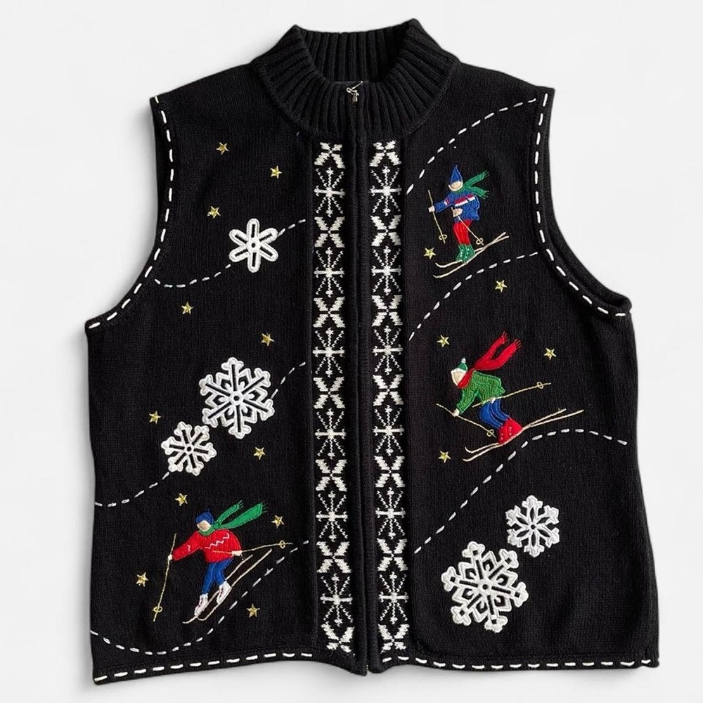 Vintage Designers Originals Black Knit Embroidered Christmas Skiers Sweater Vest